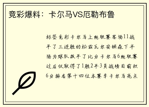 竞彩爆料：卡尔马VS厄勒布鲁
