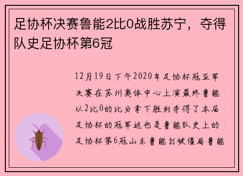 足协杯决赛鲁能2比0战胜苏宁，夺得队史足协杯第6冠